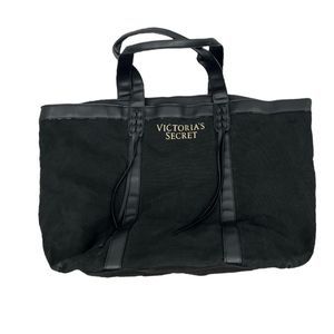 Victoria's Secret Tote Black large no close bag braided tassel gold logo travel